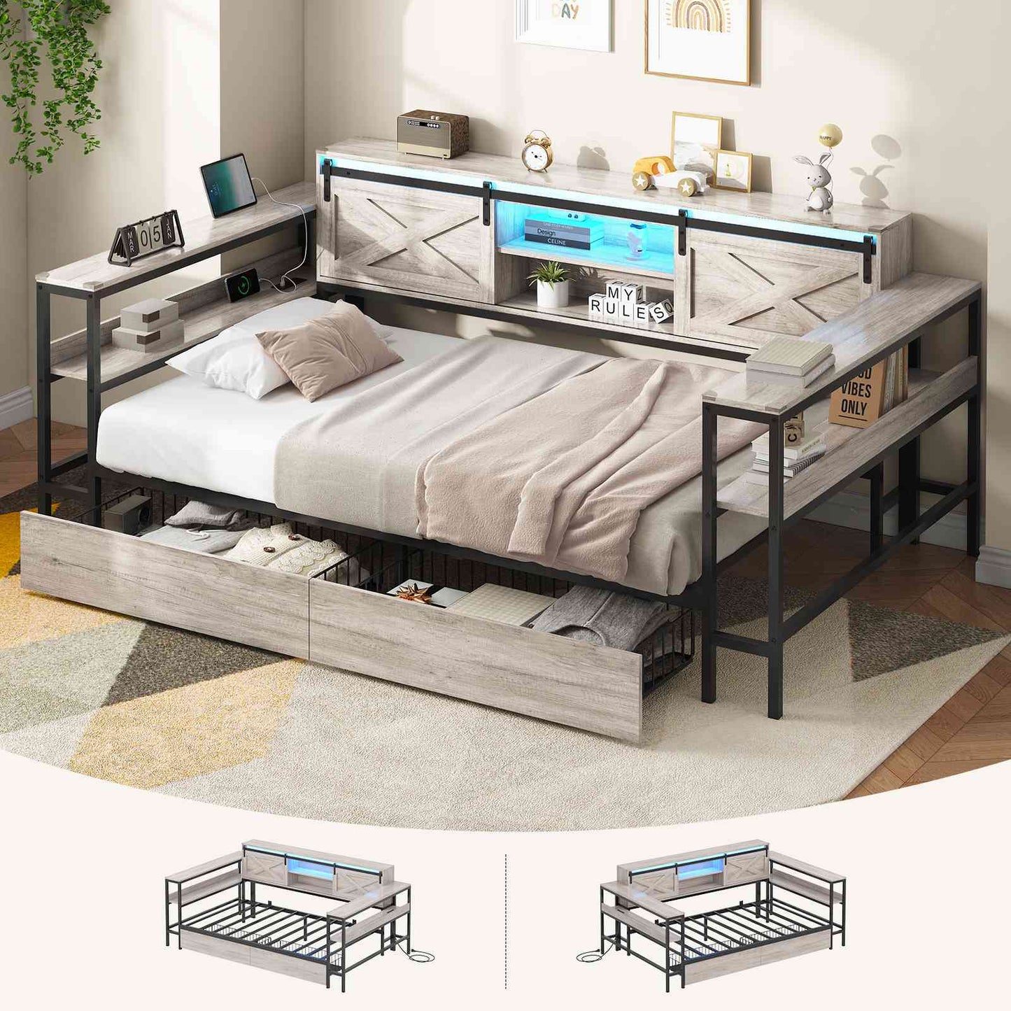 Hasuit | Corner Bed with Drawers and Bookcase Storage Shelves Farmhouse Wooden Daybed with Charging Station and LED Light Rustic Gray Three Sizes