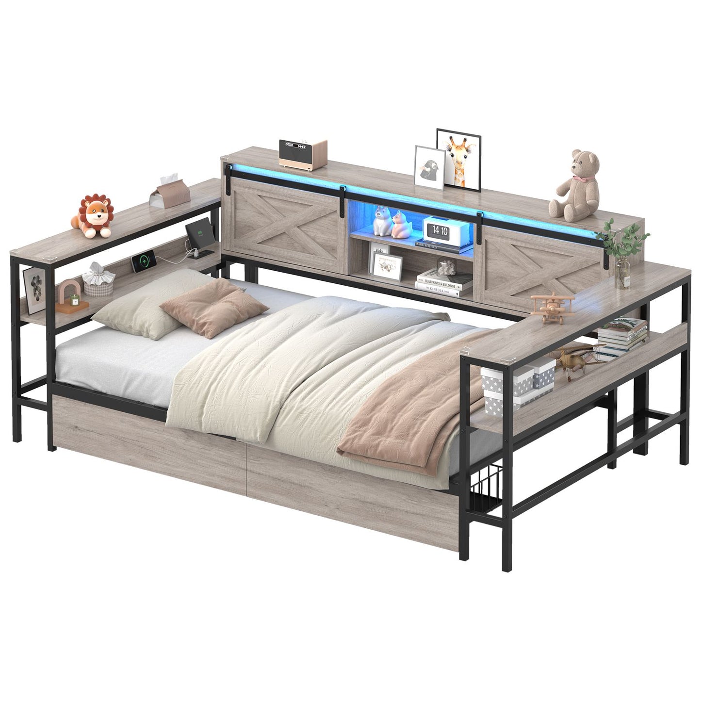 Hasuit | Corner Bed with Drawers and Bookcase Storage Shelves Farmhouse Wooden Daybed with Charging Station and LED Light Rustic Gray Three Sizes