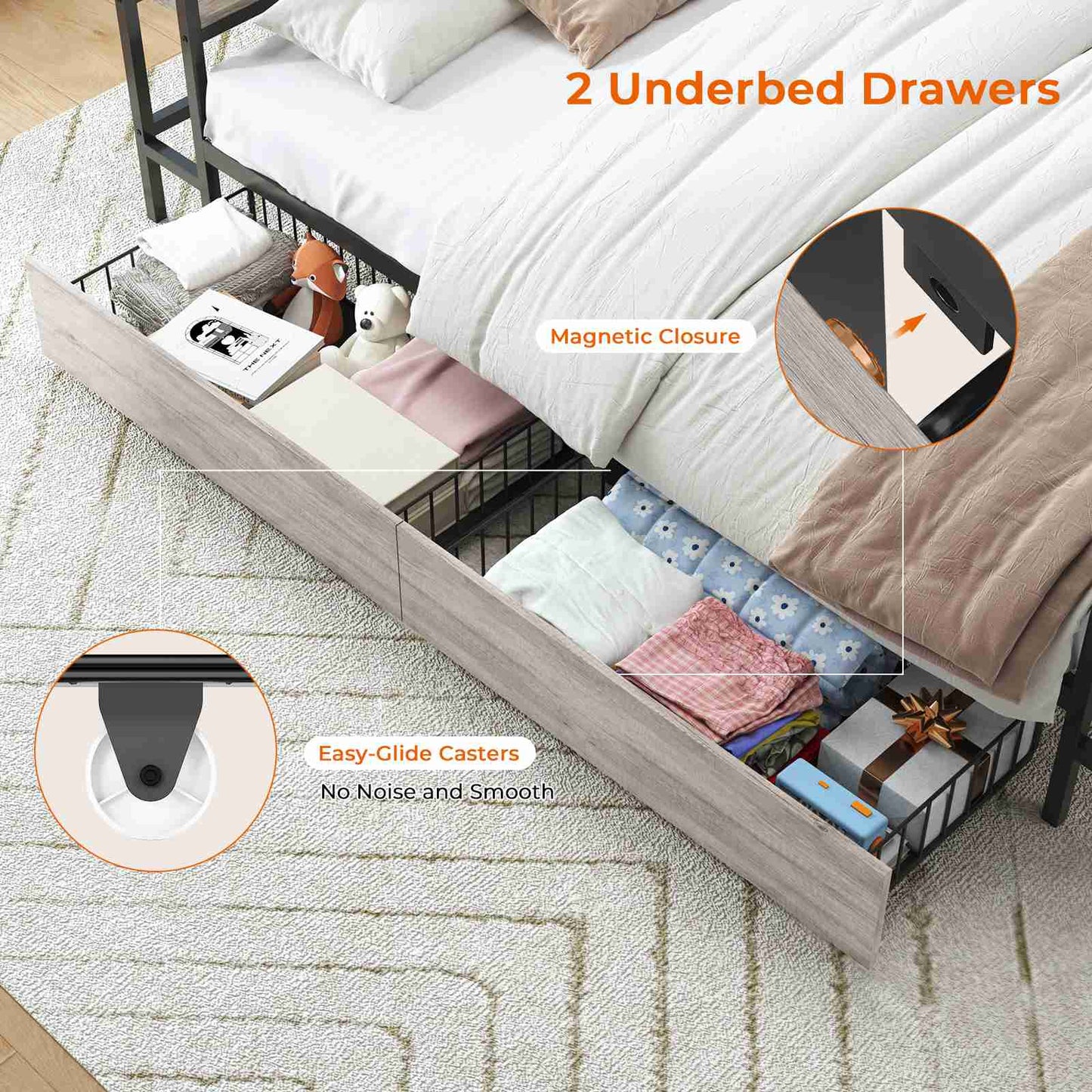 Hasuit | Corner Bed with Drawers and Bookcase Storage Shelves Farmhouse Wooden Daybed with Charging Station and LED Light Rustic Gray Three Sizes