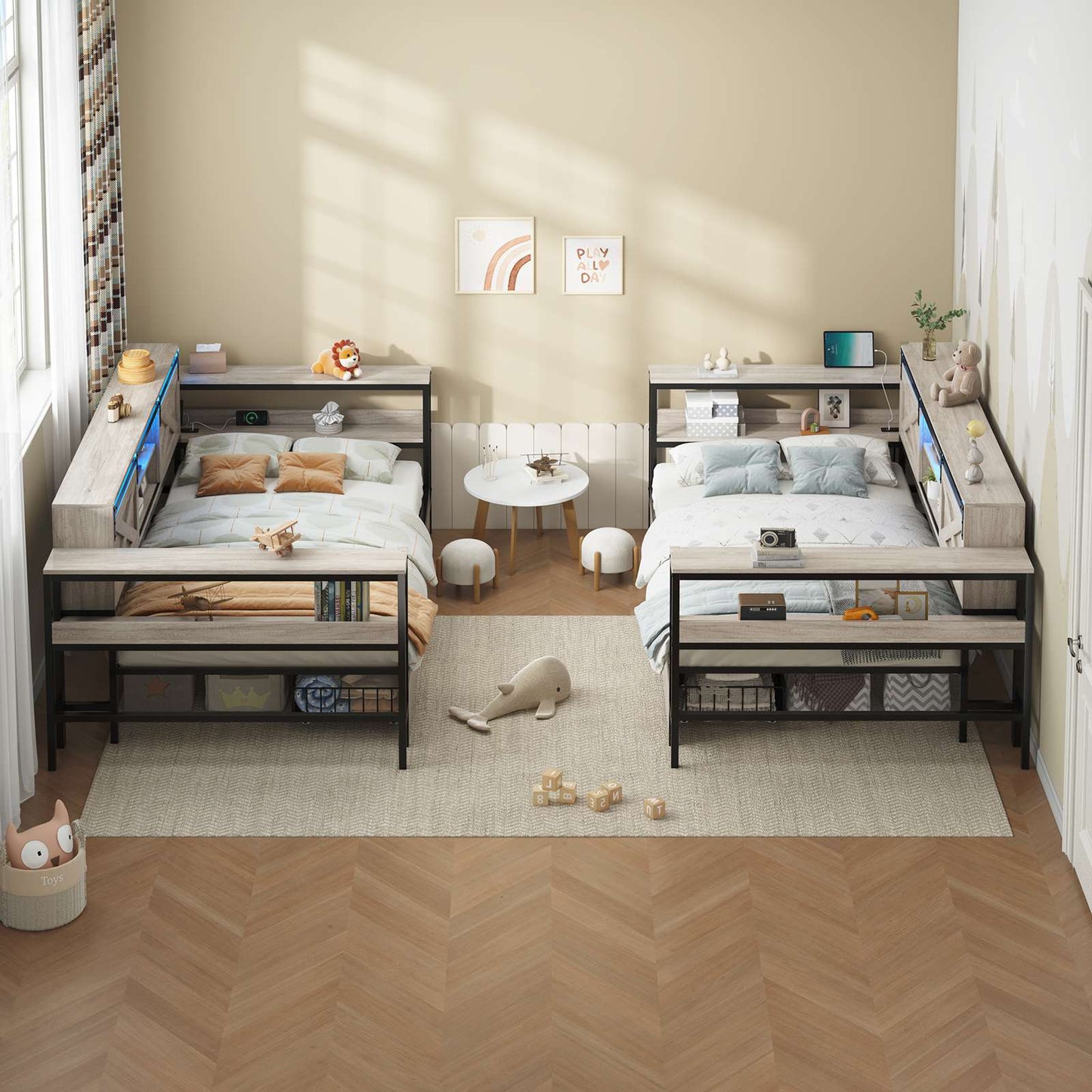 Hasuit | Corner Bed with Drawers and Bookcase Storage Shelves Farmhouse Wooden Daybed with Charging Station and LED Light Rustic Gray Three Sizes