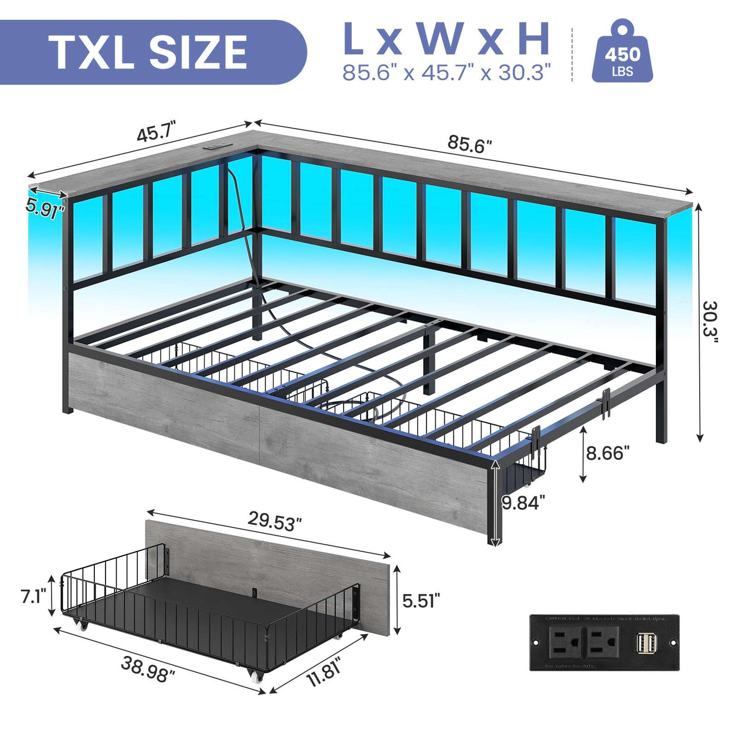Hasuit | Corner Bed Frame with 2 Storage Drawers Modern Daybed with Charging Station and LED Lights for Kids Teenagers Grey Three Sizes