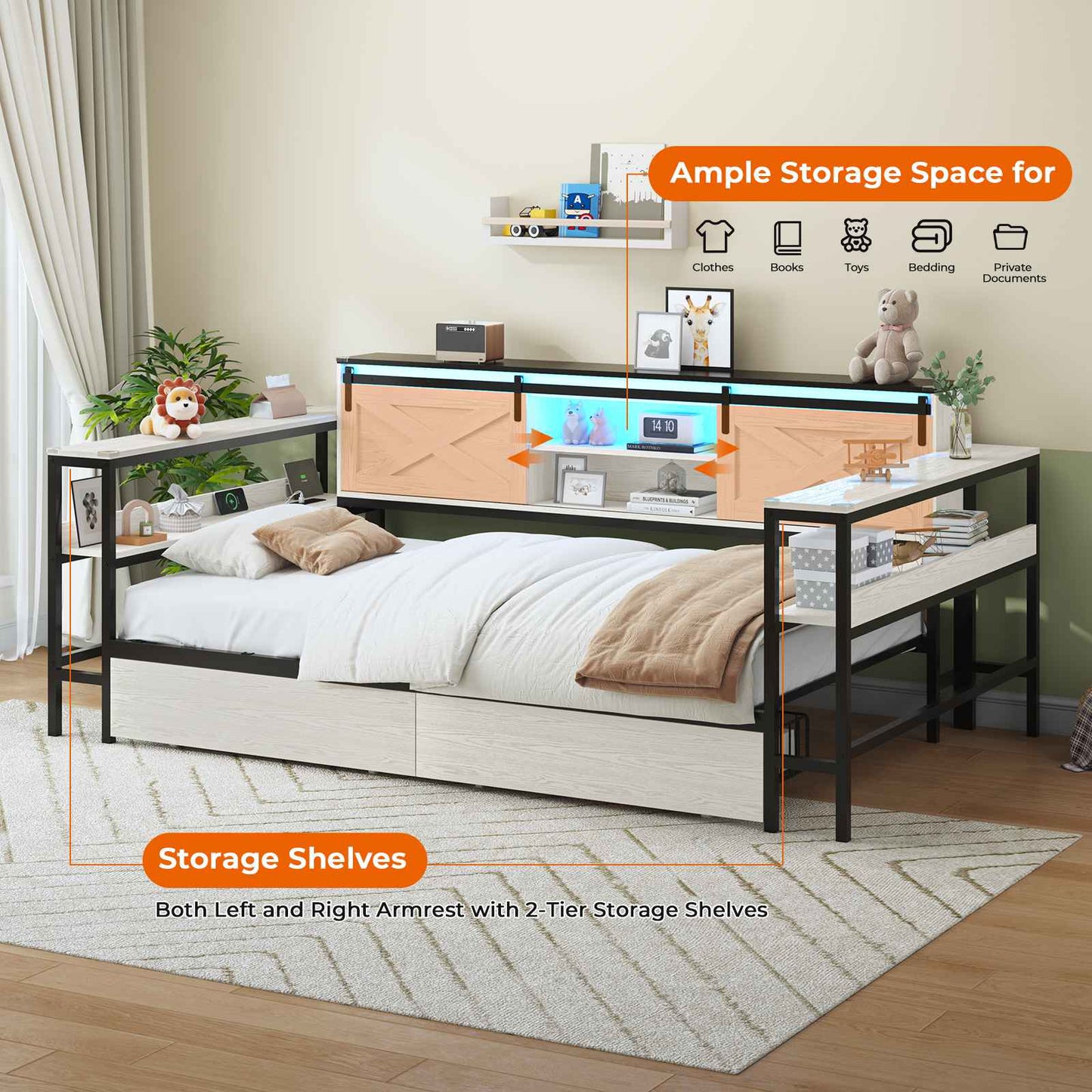 Hasuit | Corner Bed with Drawers and Bookcase Storage Shelves Farmhouse Wooden Daybed with Charging Station & LED Light Black&White Three Sizes