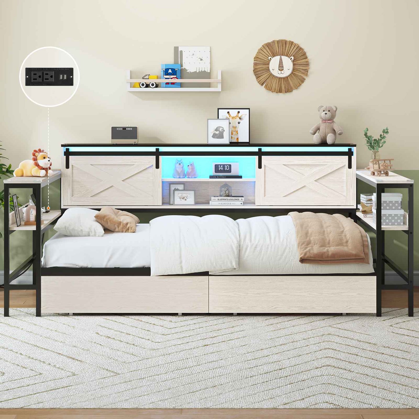 Hasuit | Corner Bed with Drawers and Bookcase Storage Shelves Farmhouse Wooden Daybed with Charging Station & LED Light Black&White Three Sizes