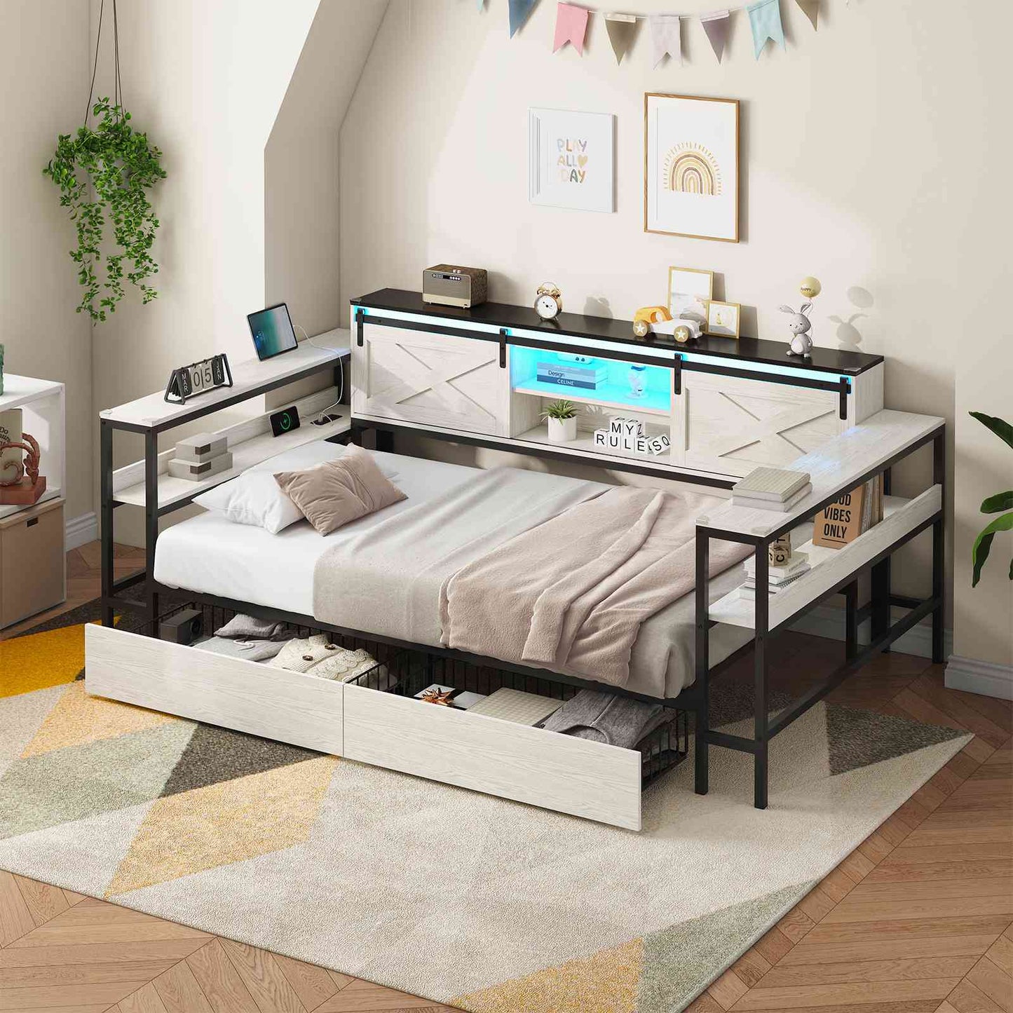 Hasuit | Corner Bed with Drawers and Bookcase Storage Shelves Farmhouse Wooden Daybed with Charging Station & LED Light Black&White Three Sizes