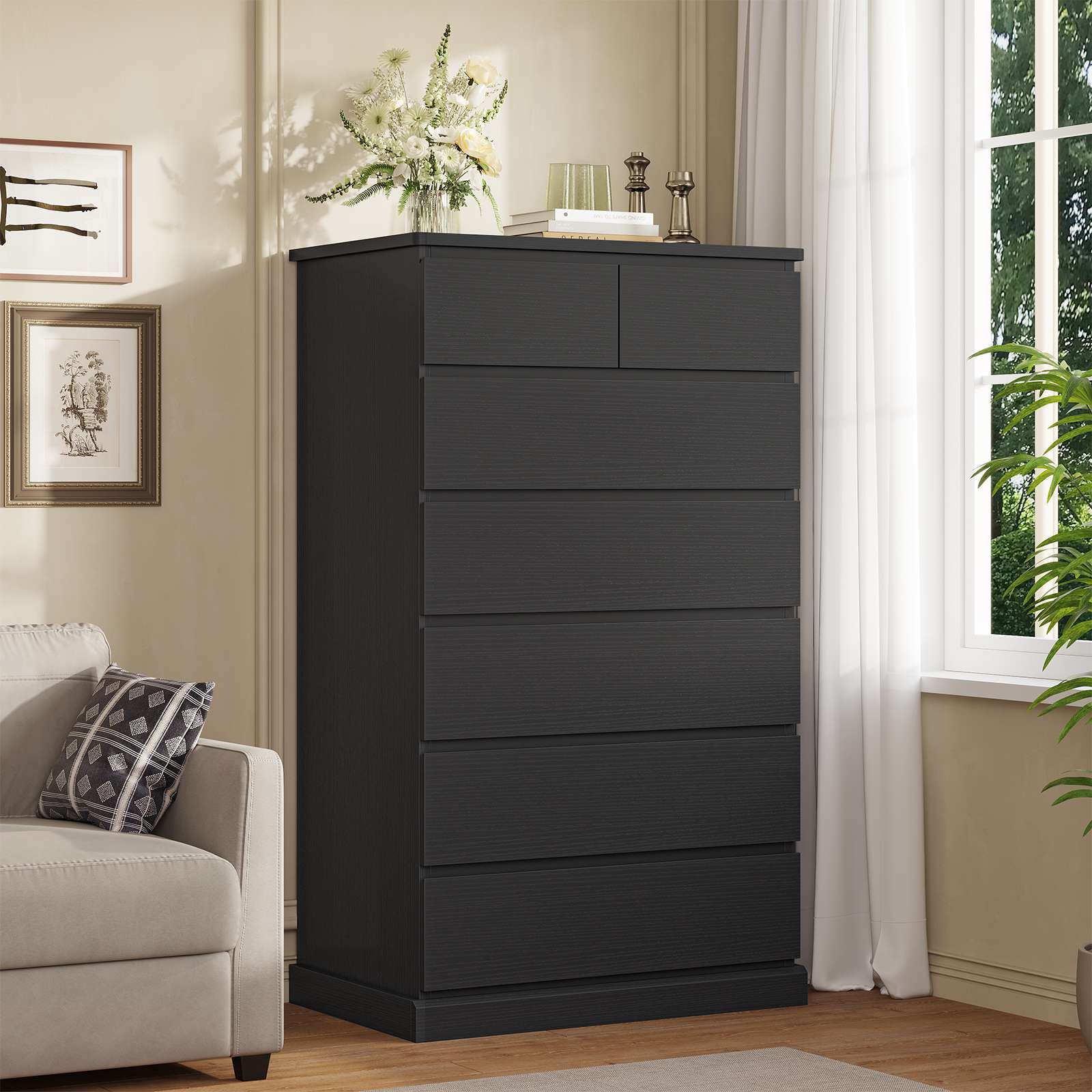 Modern No Handle Storage Cabinet Hasuit 8-Drawer Black Dresser | 51.5"  Wide, Large Storage | Modern No-Handle Design Entryway Storage