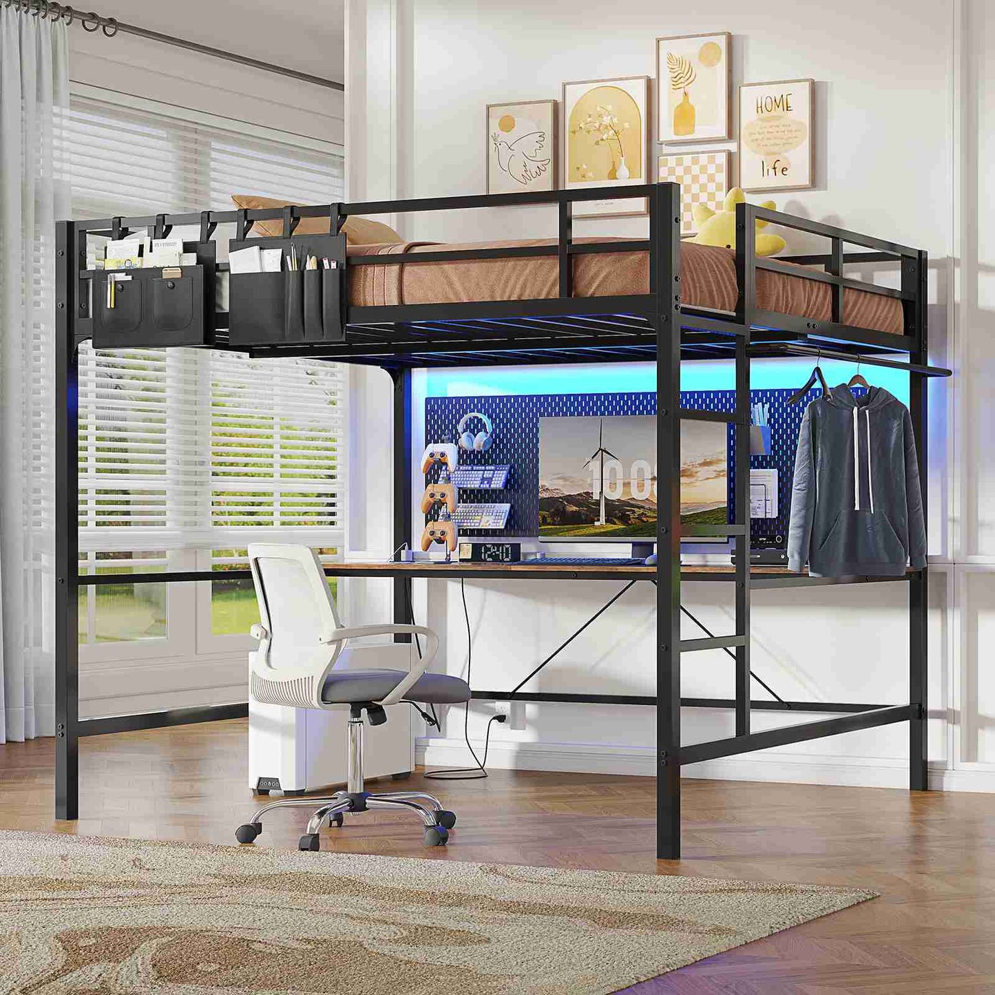 Hasuit | Full Size Metal Loft Bed with Desk LED Lights & Charging Station Loft Bed Includes Safety Guard Rail & Ladder No Box Spring Needed
