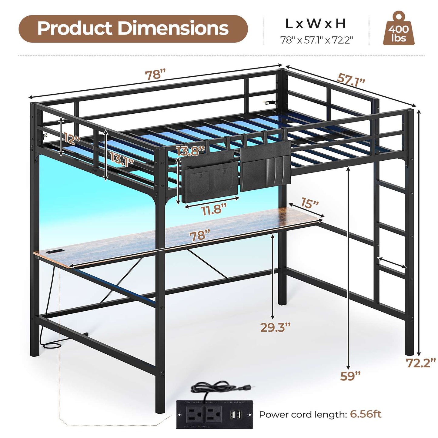 Hasuit | Full Size Metal Loft Bed with Desk LED Lights & Charging Station Loft Bed Includes Safety Guard Rail & Ladder No Box Spring Needed