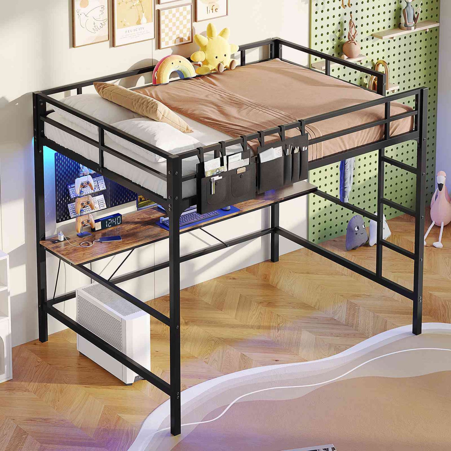 Hasuit | Full Size Metal Loft Bed with Desk LED Lights & Charging Station Loft Bed Includes Safety Guard Rail & Ladder No Box Spring Needed