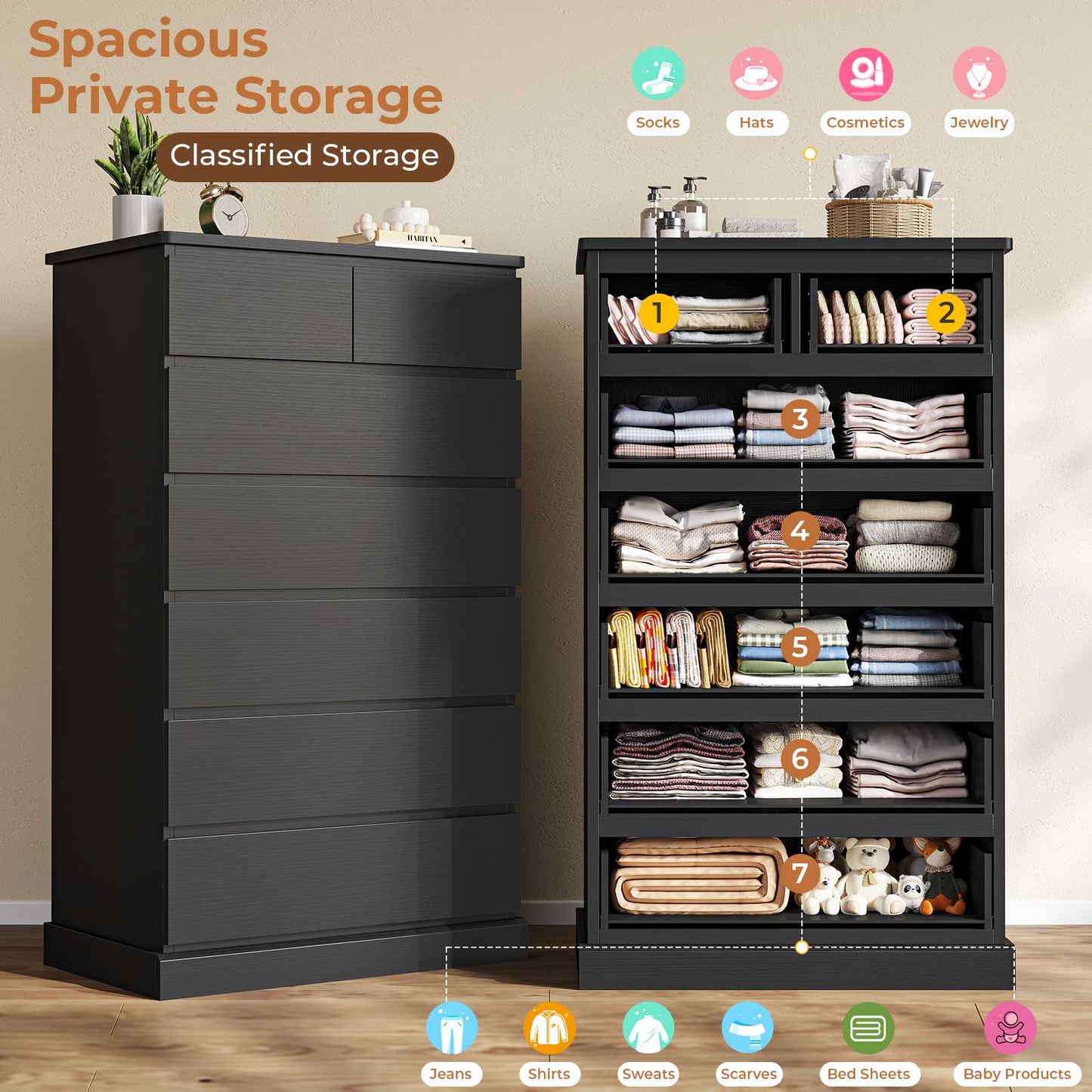 Hasuit | 51.8 Inch Tall Dresser with 7 Drawers High Chest of Drawers Storage Organizer for Closet Modern Taller Clothes Storage Tower