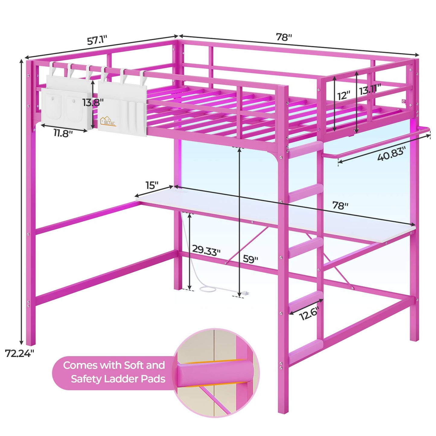 Hasuit | Full Size Metal Loft Bed with Desk LED Lights & Charging Station Loft Bed Includes Safety Guard Rail & Ladder No Box Spring Needed