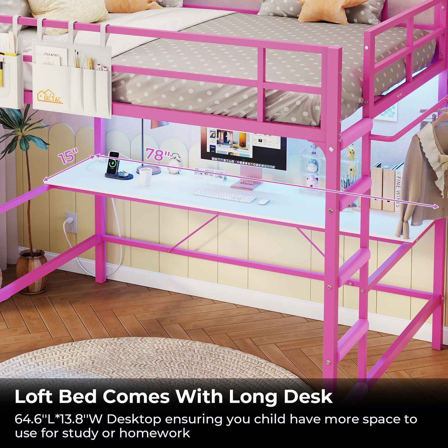 Hasuit | Full Size Metal Loft Bed with Desk LED Lights & Charging Station Loft Bed Includes Safety Guard Rail & Ladder No Box Spring Needed