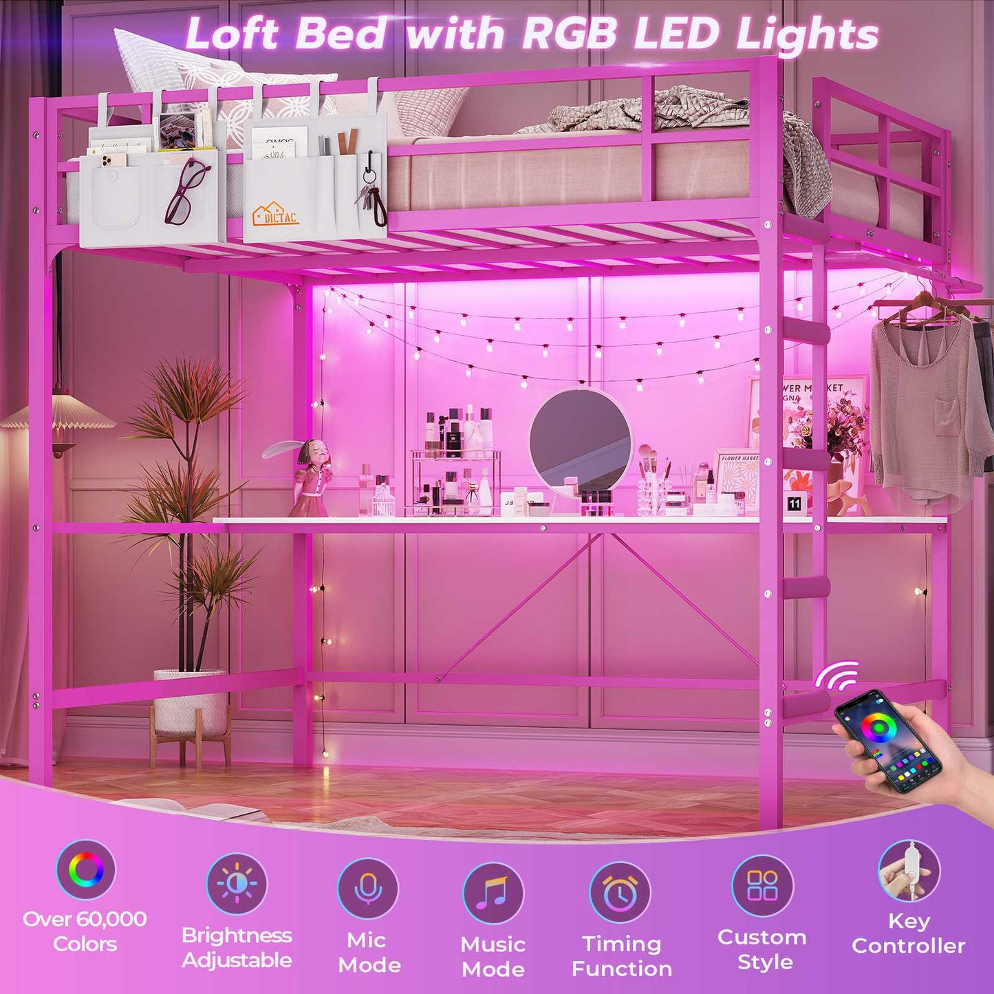 Hasuit | Full Size Metal Loft Bed with Desk LED Lights & Charging Station Loft Bed Includes Safety Guard Rail & Ladder No Box Spring Needed