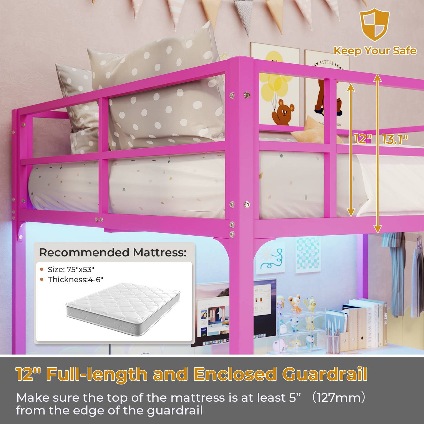 Hasuit | Full Size Metal Loft Bed with Desk LED Lights & Charging Station Loft Bed Includes Safety Guard Rail & Ladder No Box Spring Needed