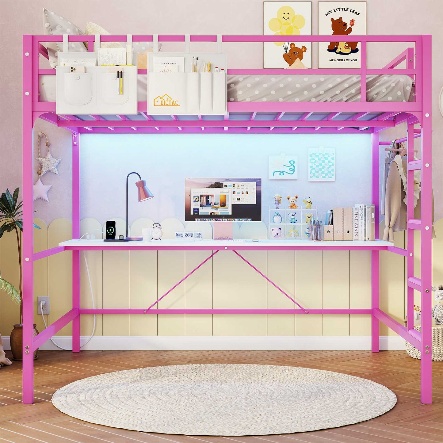 Hasuit | Full Size Metal Loft Bed with Desk LED Lights & Charging Station Loft Bed Includes Safety Guard Rail & Ladder No Box Spring Needed