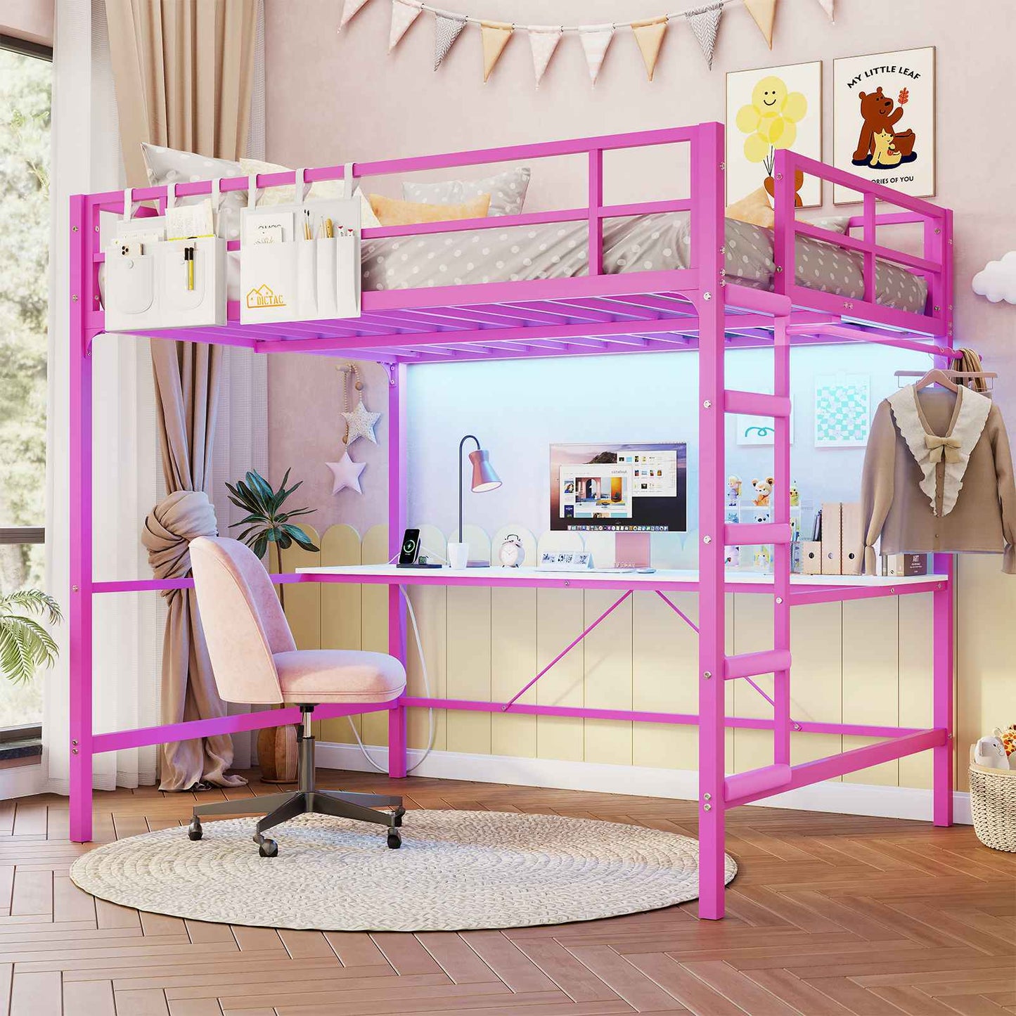 Hasuit | Full Size Metal Loft Bed with Desk LED Lights & Charging Station Loft Bed Includes Safety Guard Rail & Ladder No Box Spring Needed