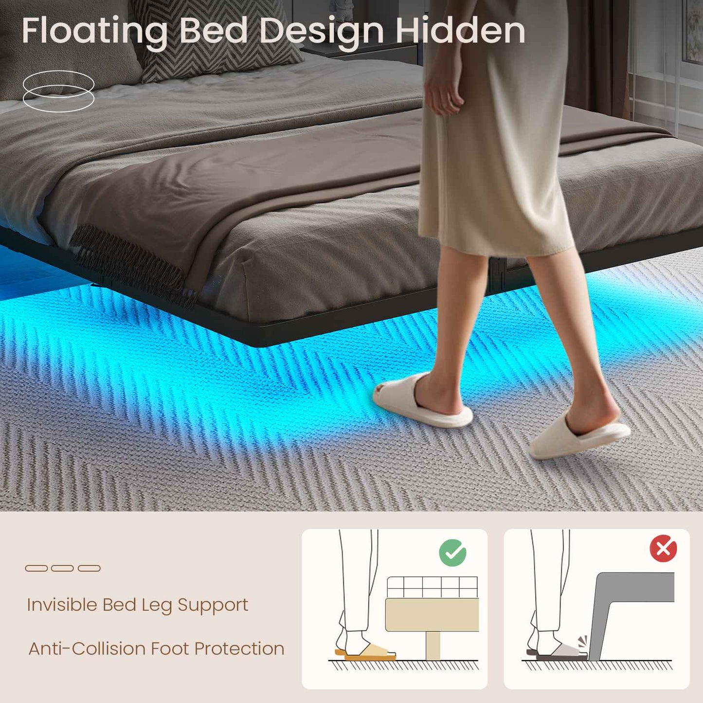 Hasuit | Floating Bed Frame with Charging Station and LED Lights Bed Frame with Wood Storage Headboard Upholstered Platform Bed Two Sizes