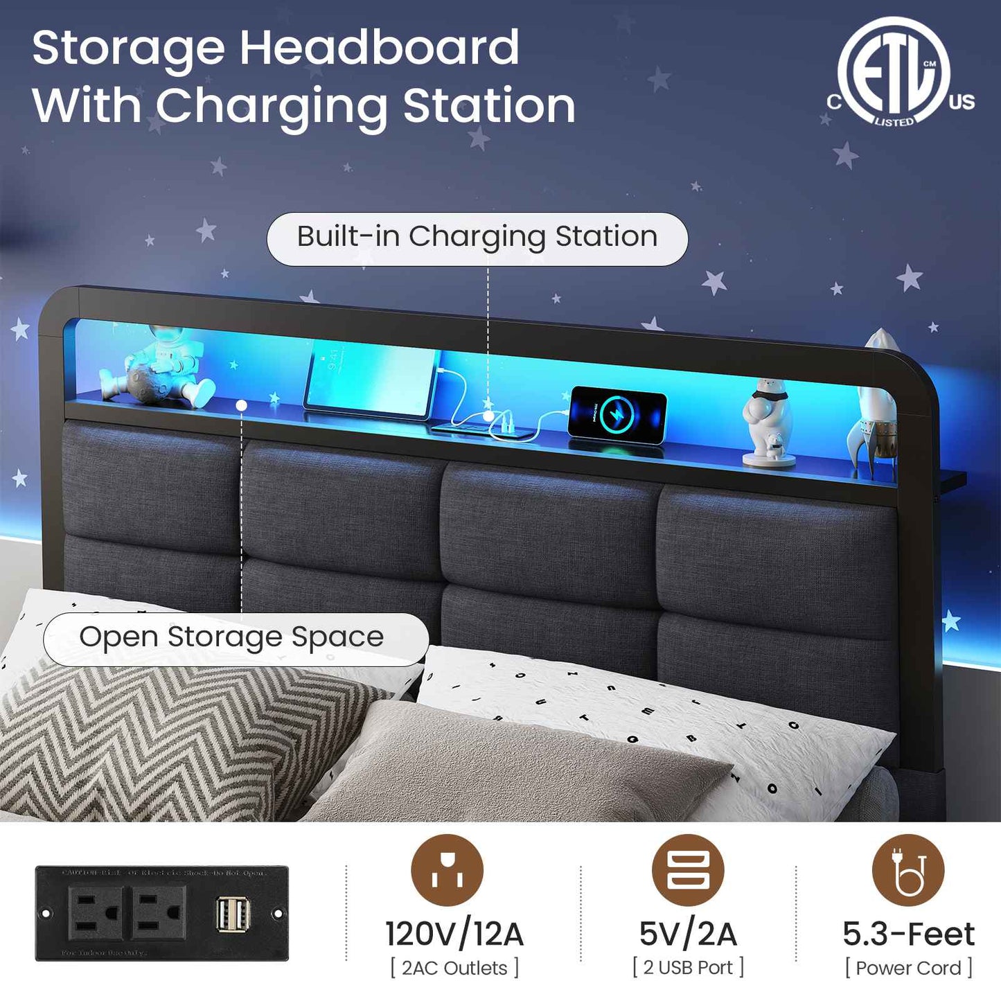 Hasuit | Floating Bed Frame with Charging Station and LED Lights Bed Frame with Wood Storage Headboard Upholstered Platform Bed Two Sizes
