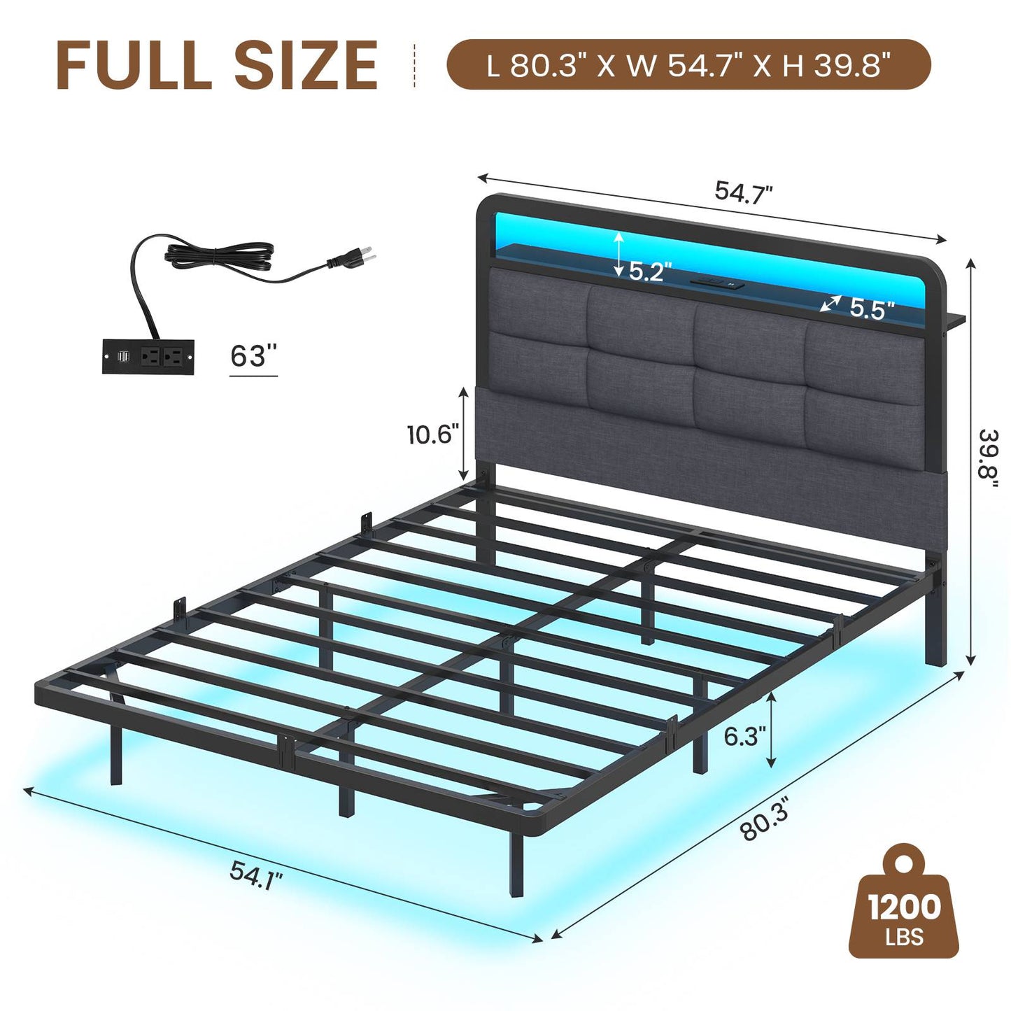 Hasuit | Floating Bed Frame with Charging Station and LED Lights Bed Frame with Wood Storage Headboard Upholstered Platform Bed Two Sizes