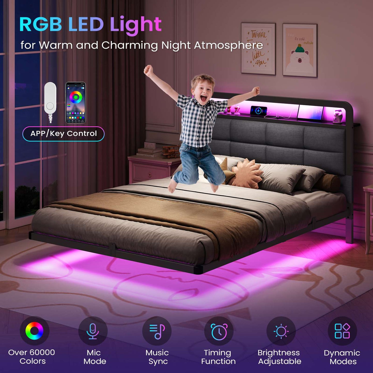 Hasuit | Floating Bed Frame with Charging Station and LED Lights Bed Frame with Wood Storage Headboard Upholstered Platform Bed Two Sizes