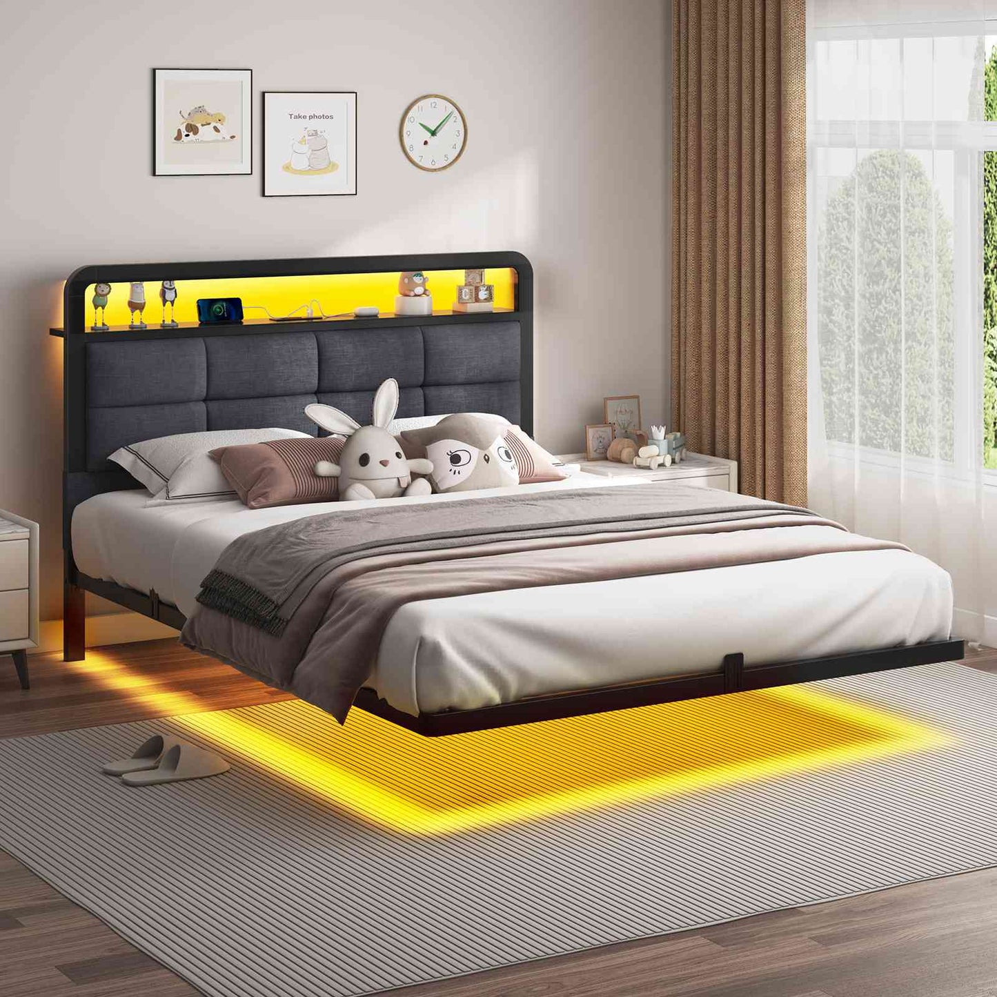 Hasuit | Floating Bed Frame with Charging Station and LED Lights Bed Frame with Wood Storage Headboard Upholstered Platform Bed Two Sizes