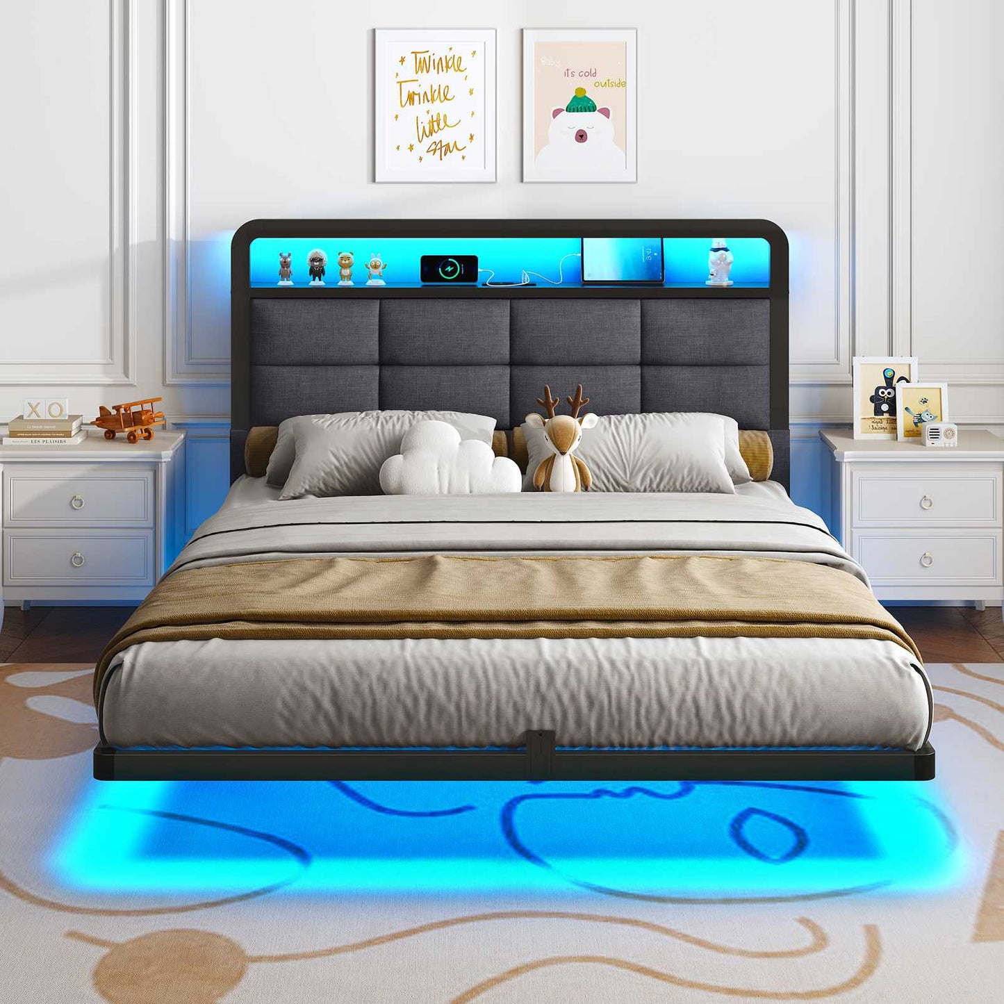 Hasuit | Floating Bed Frame with Charging Station and LED Lights Bed Frame with Wood Storage Headboard Upholstered Platform Bed Two Sizes