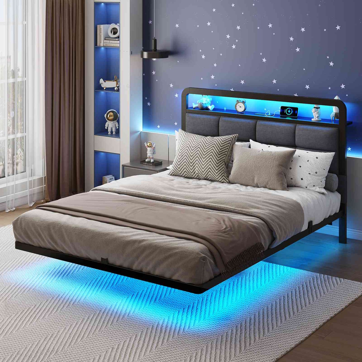 Hasuit | Floating Bed Frame with Charging Station and LED Lights Bed Frame with Wood Storage Headboard Upholstered Platform Bed Two Sizes