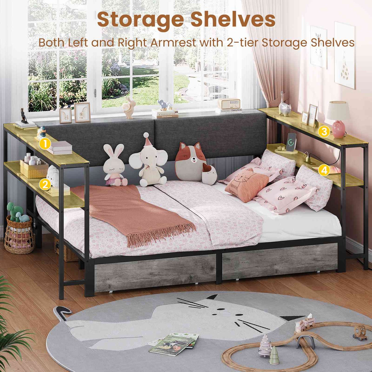Hasuit | Daybed with Storage Bookcase and Drawers Kids Bedroom Bed Frame Unit with Charging Station Corner Bed Twin / Full Sizes Grey