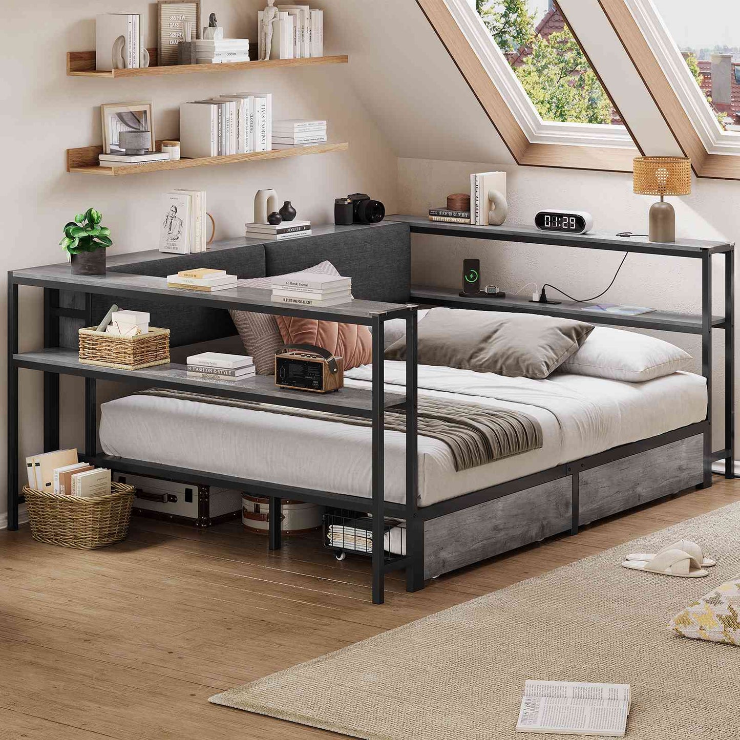 Hasuit | Daybed with Storage Bookcase and Drawers Kids Bedroom Bed Frame Unit with Charging Station Corner Bed Twin / Full Sizes Grey
