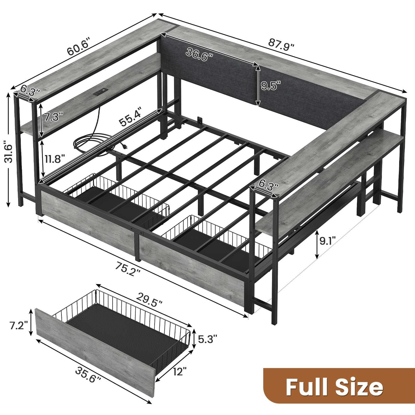 Hasuit | Daybed with Storage Bookcase and Drawers Kids Bedroom Bed Frame Unit with Charging Station Corner Bed Twin / Full Sizes Grey