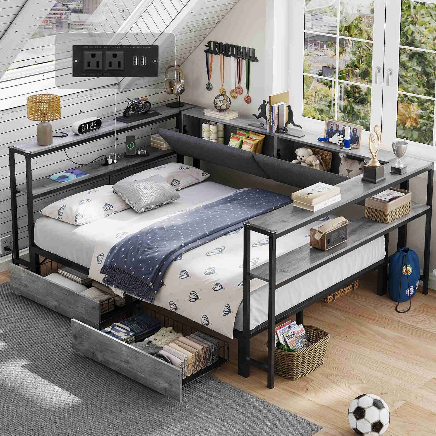 Hasuit | Daybed with Storage Bookcase and Drawers Kids Bedroom Bed Frame Unit with Charging Station Corner Bed Twin / Full Sizes Grey