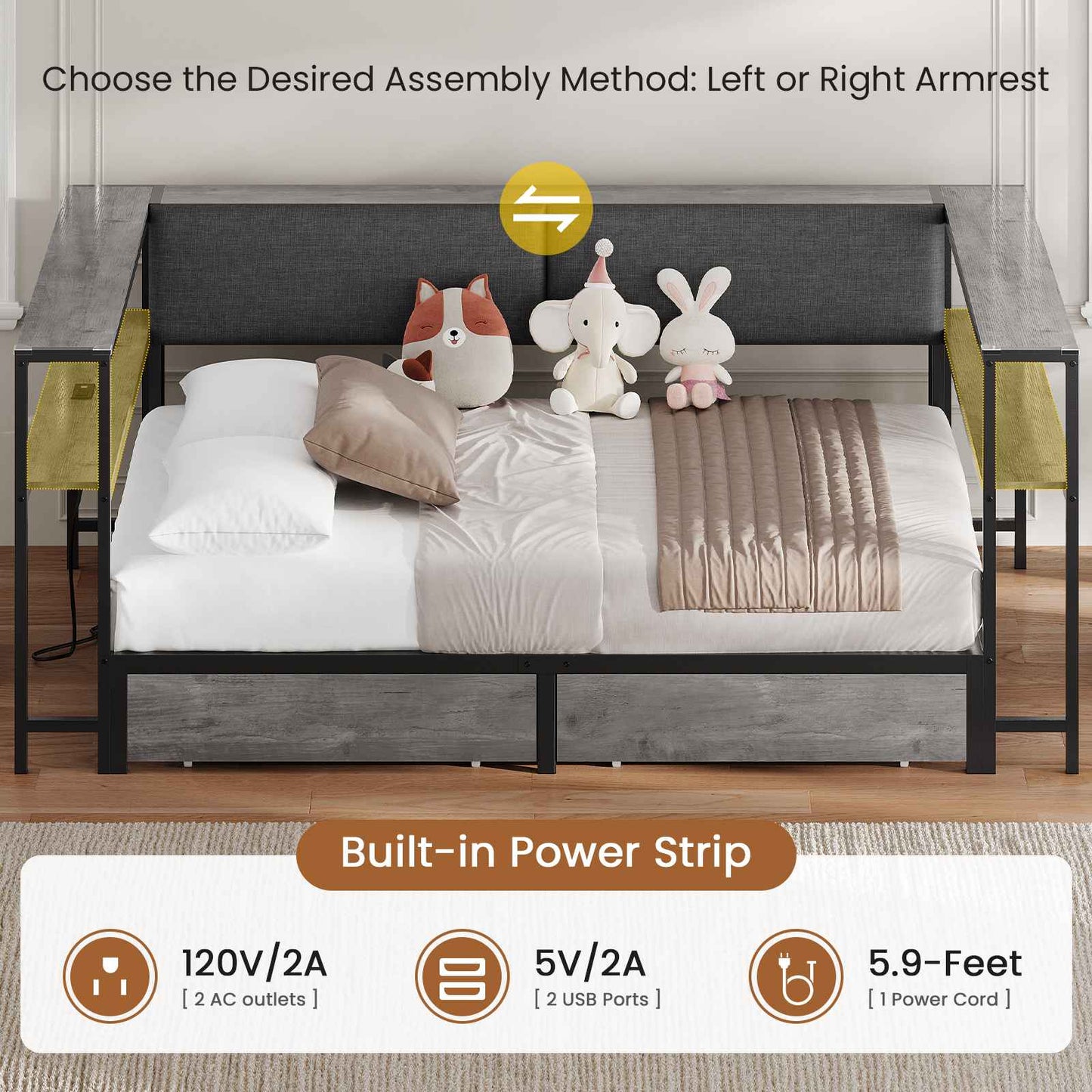 Hasuit | Daybed with Storage Bookcase and Drawers Kids Bedroom Bed Frame Unit with Charging Station Corner Bed Twin / Full Sizes Grey