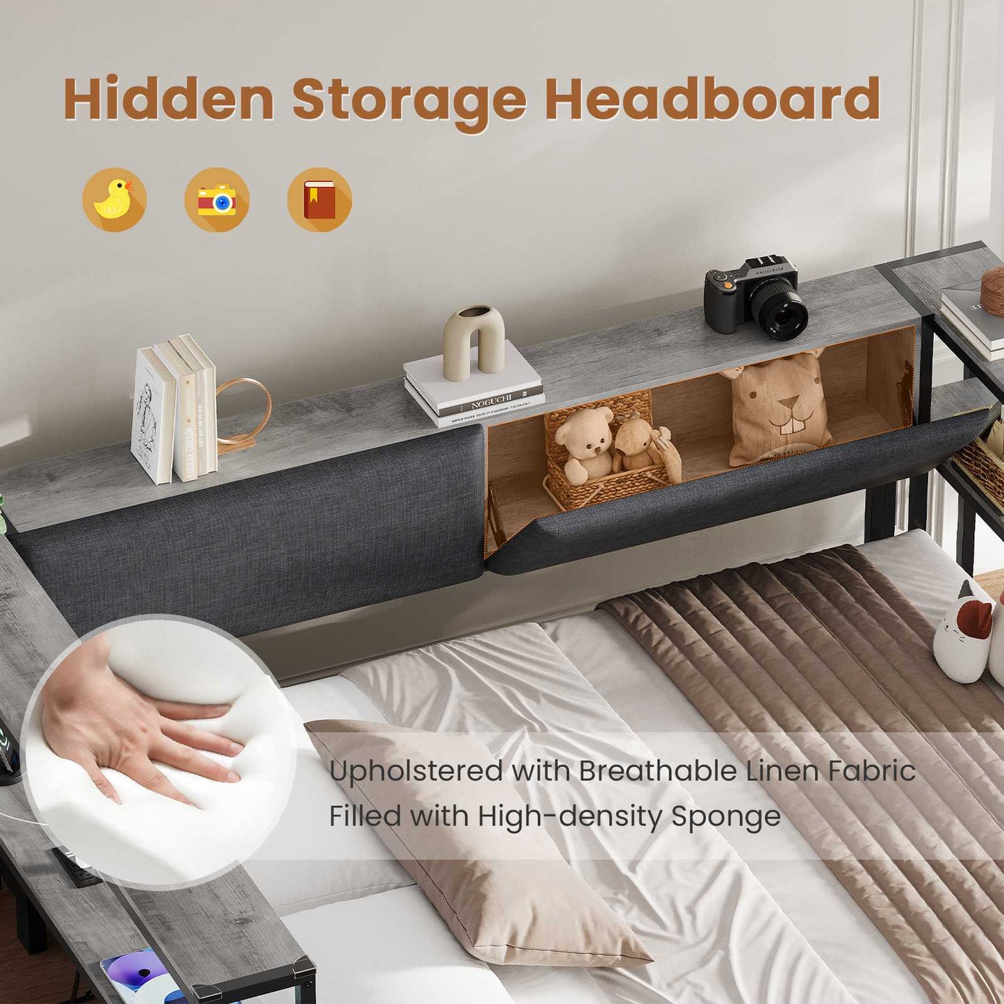 Hasuit | Daybed with Storage Bookcase and Drawers Kids Bedroom Bed Frame Unit with Charging Station Corner Bed Twin / Full Sizes Grey