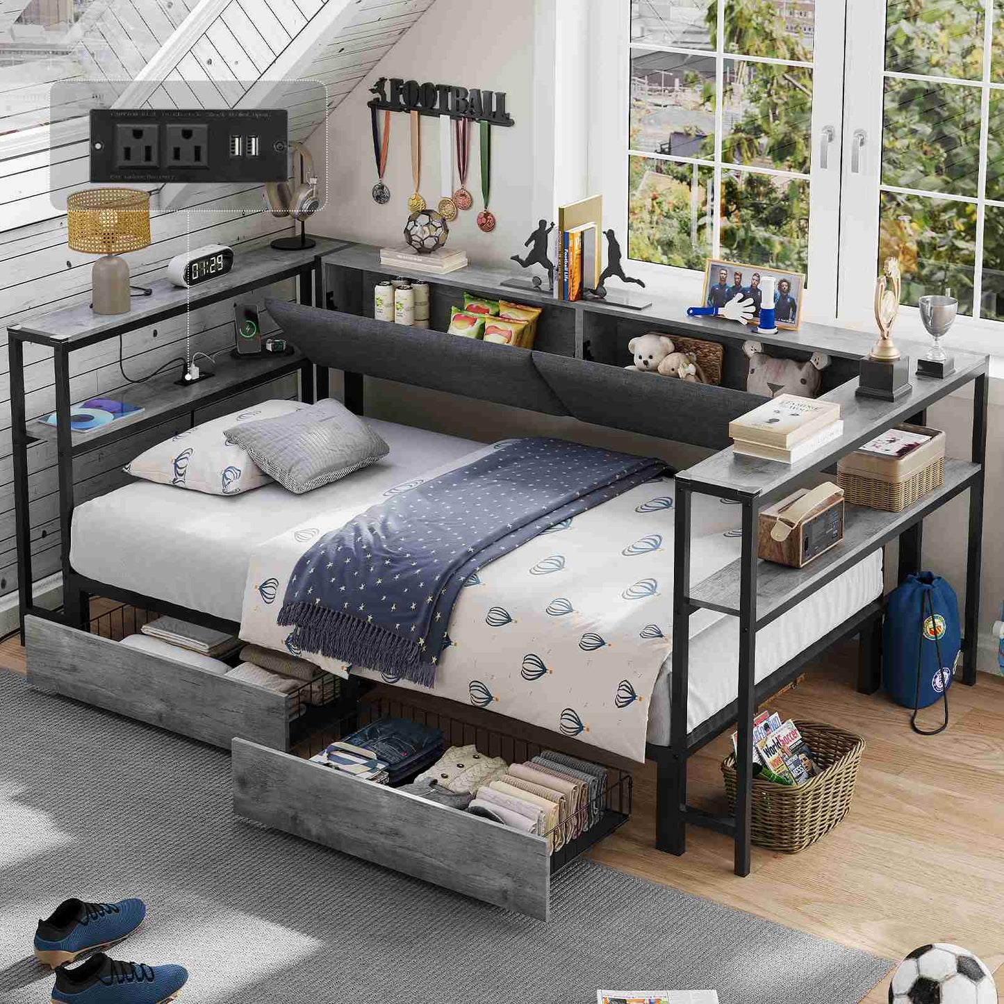 Hasuit | Daybed with Storage Bookcase and Drawers Kids Bedroom Bed Frame Unit with Charging Station Corner Bed Twin / Full Sizes Grey