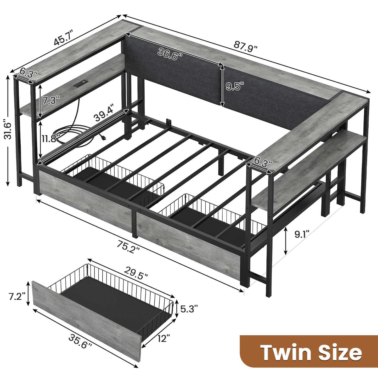 Hasuit | Daybed with Storage Bookcase and Drawers Kids Bedroom Bed Frame Unit with Charging Station Corner Bed Twin / Full Sizes Grey