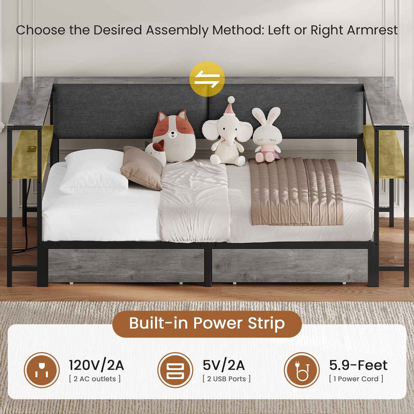 Hasuit | Daybed with Storage Bookcase and Drawers Kids Bedroom Bed Frame Unit with Charging Station Corner Bed Twin / Full Sizes Grey