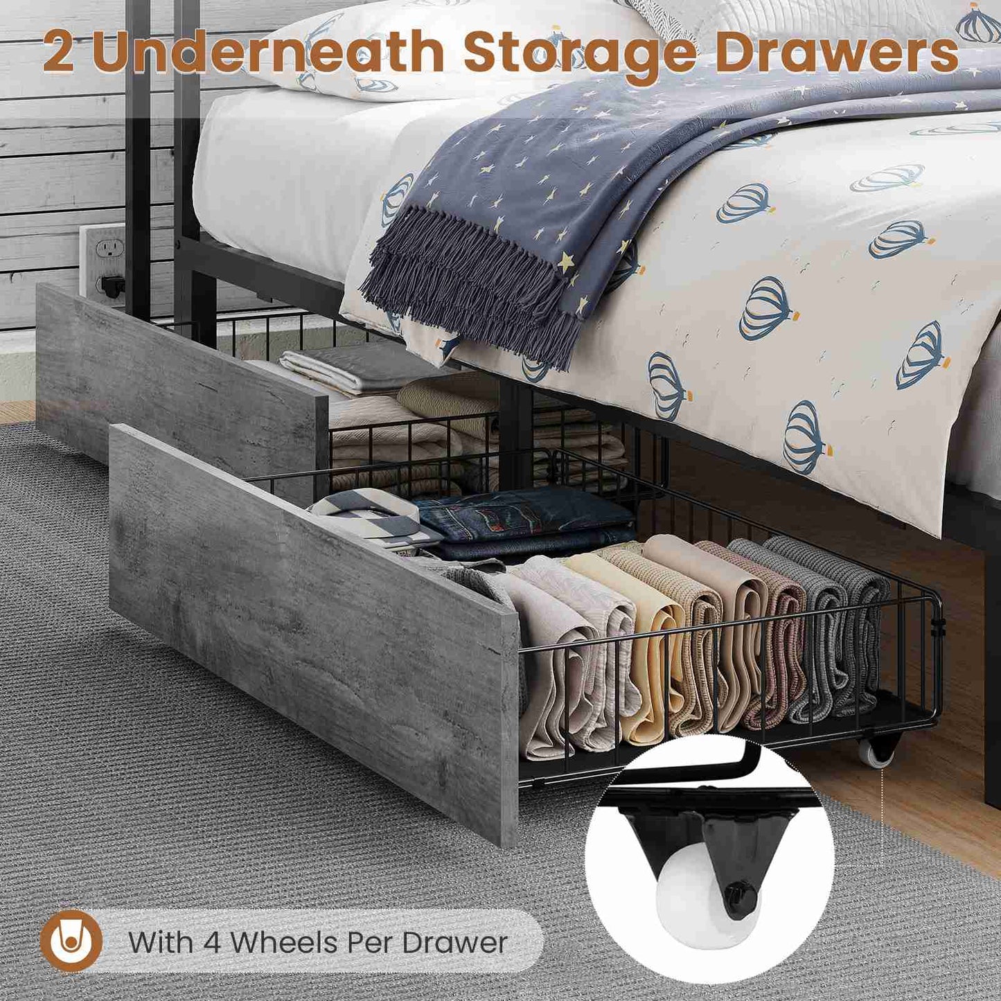 Hasuit | Daybed with Storage Bookcase and Drawers Kids Bedroom Bed Frame Unit with Charging Station Corner Bed Twin / Full Sizes Grey