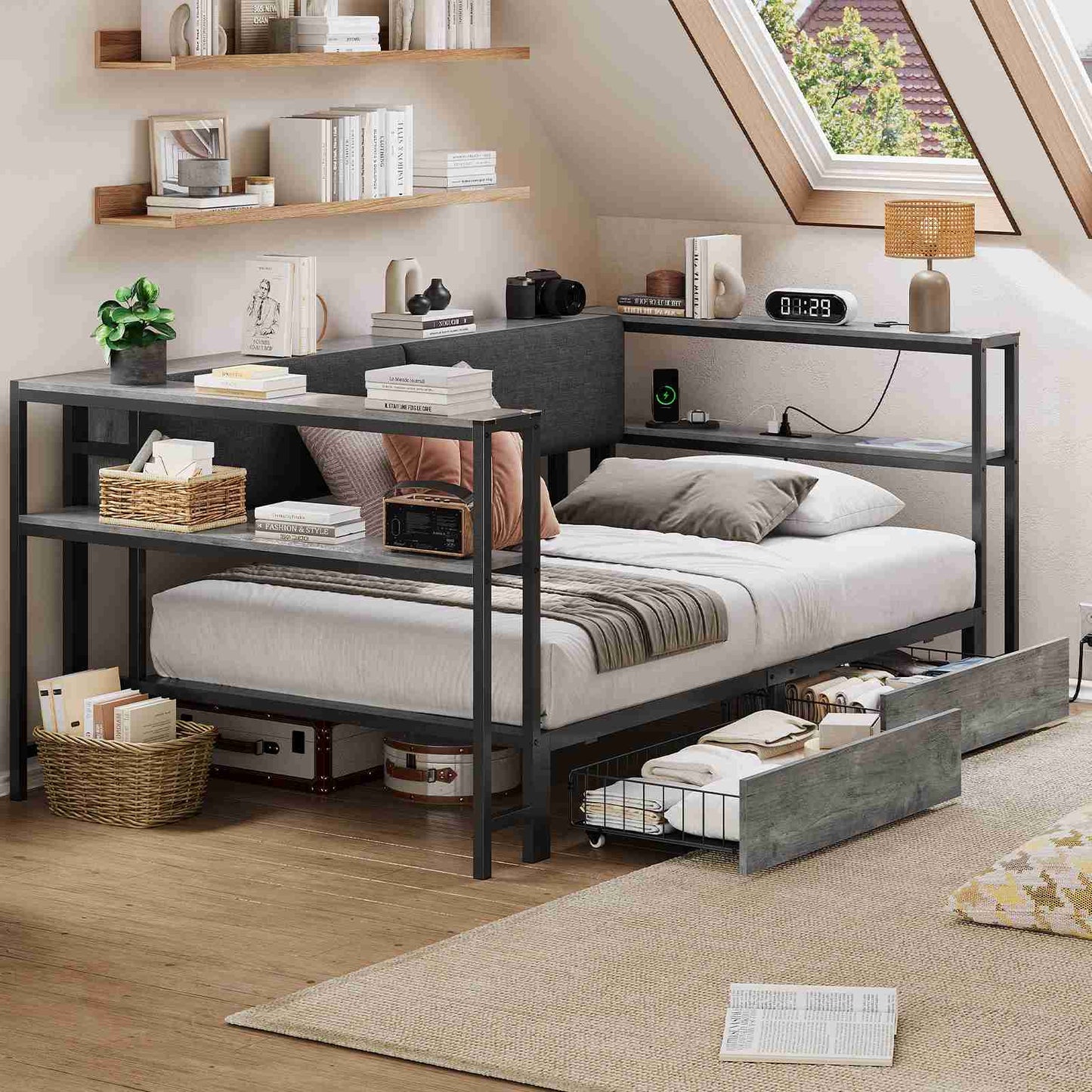 Hasuit | Daybed with Storage Bookcase and Drawers Kids Bedroom Bed Frame Unit with Charging Station Corner Bed Twin / Full Sizes Grey