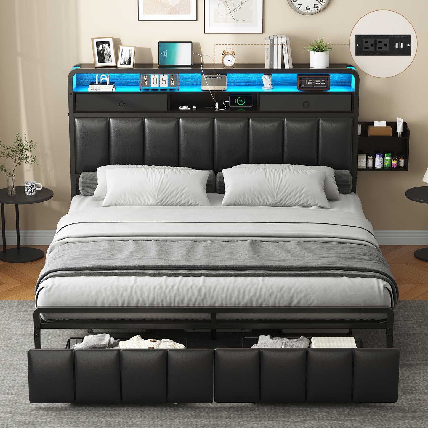 Hasuit | Bed Frame with Storage Drawers Upholstered Headboard with Hidden Storage Shelf LED Lights and Charging Station Queen King Two Sizes