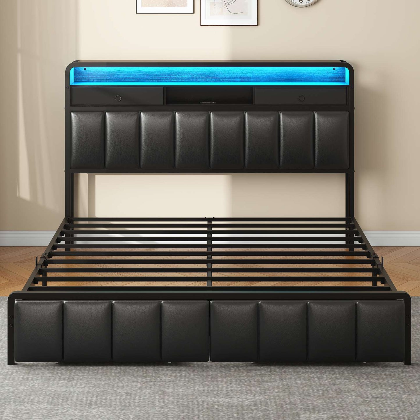 Hasuit | Bed Frame with Storage Drawers Upholstered Headboard with Hidden Storage Shelf LED Lights and Charging Station Queen King Two Sizes