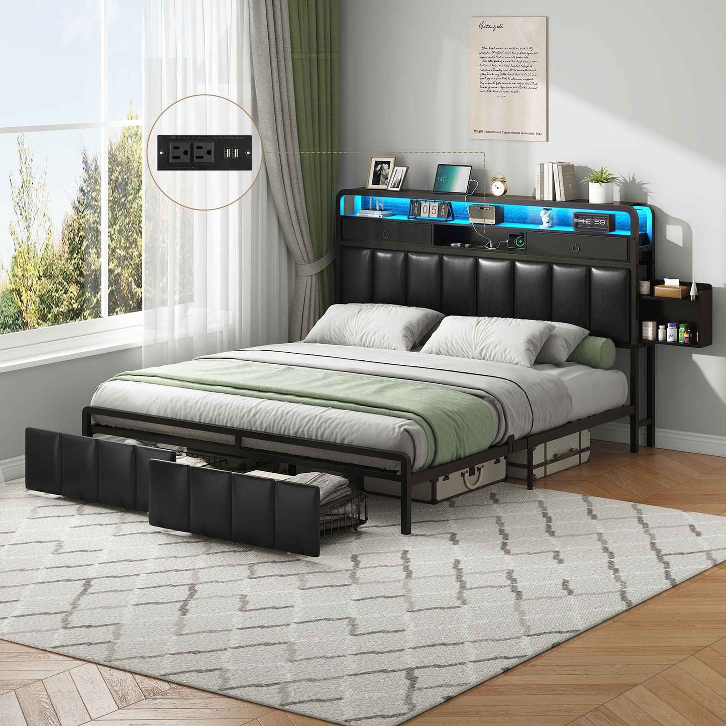 Hasuit | Bed Frame with Storage Drawers Upholstered Headboard with Hidden Storage Shelf LED Lights and Charging Station Queen King Two Sizes