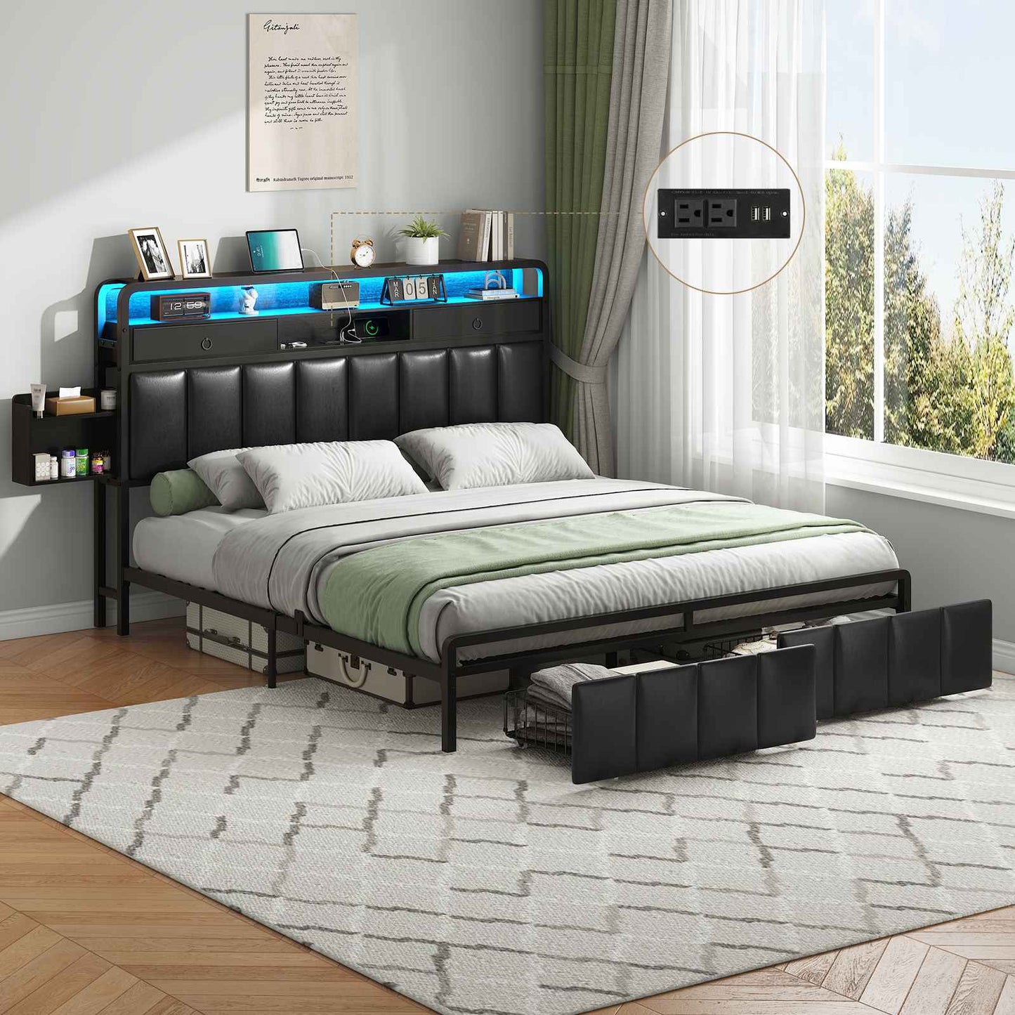 Hasuit | Bed Frame with Storage Drawers Upholstered Headboard with Hidden Storage Shelf LED Lights and Charging Station Queen King Two Sizes