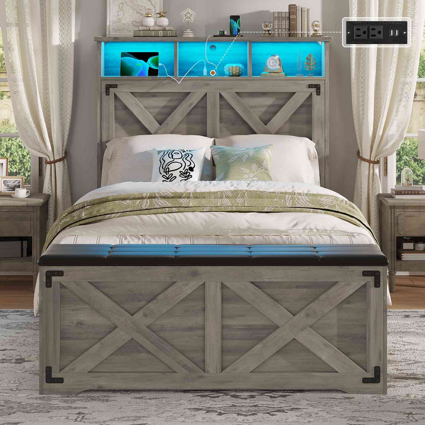 Hasuit | Farmhouse Bed Frame Twin Size with Storage Headboard Charging Station and LED Light Wooden Twin Bed Frame with Storage Ottoman