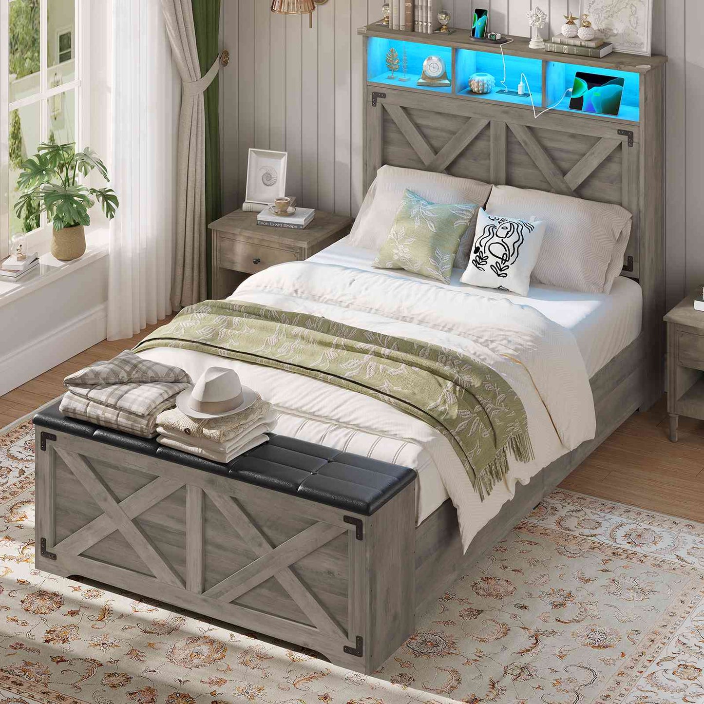 Hasuit | Farmhouse Bed Frame Twin Size with Storage Headboard Charging Station and LED Light Wooden Twin Bed Frame with Storage Ottoman