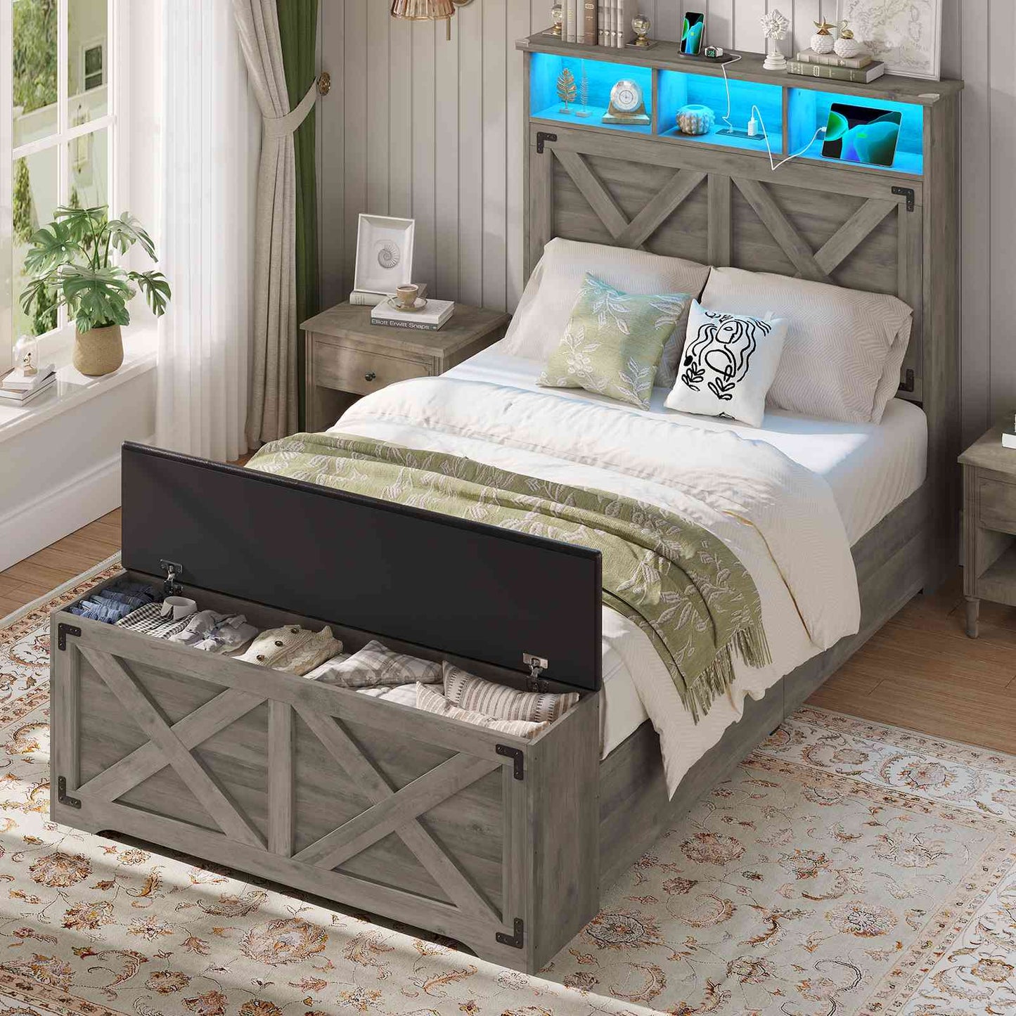 Hasuit | Farmhouse Bed Frame Twin Size with Storage Headboard Charging Station and LED Light Wooden Twin Bed Frame with Storage Ottoman