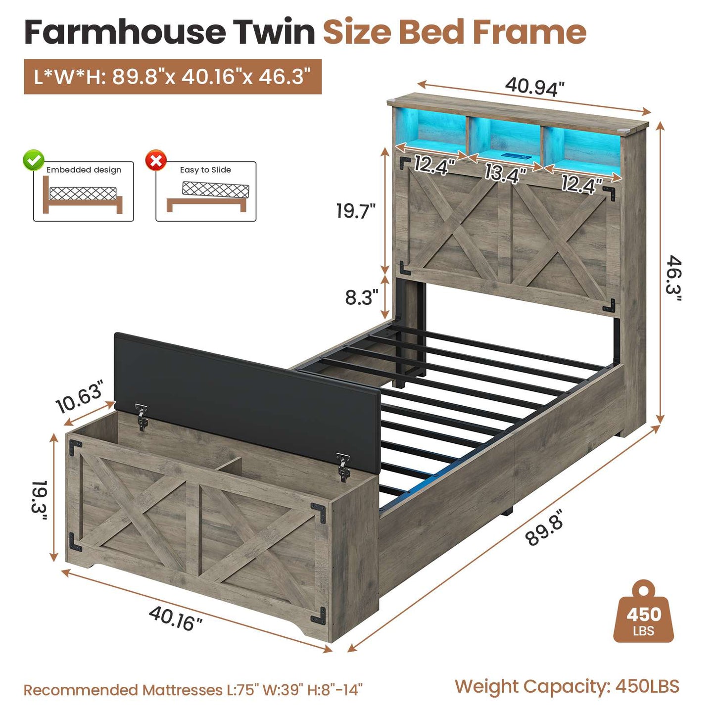 Hasuit | Farmhouse Bed Frame Twin Size with Storage Headboard Charging Station and LED Light Wooden Twin Bed Frame with Storage Ottoman