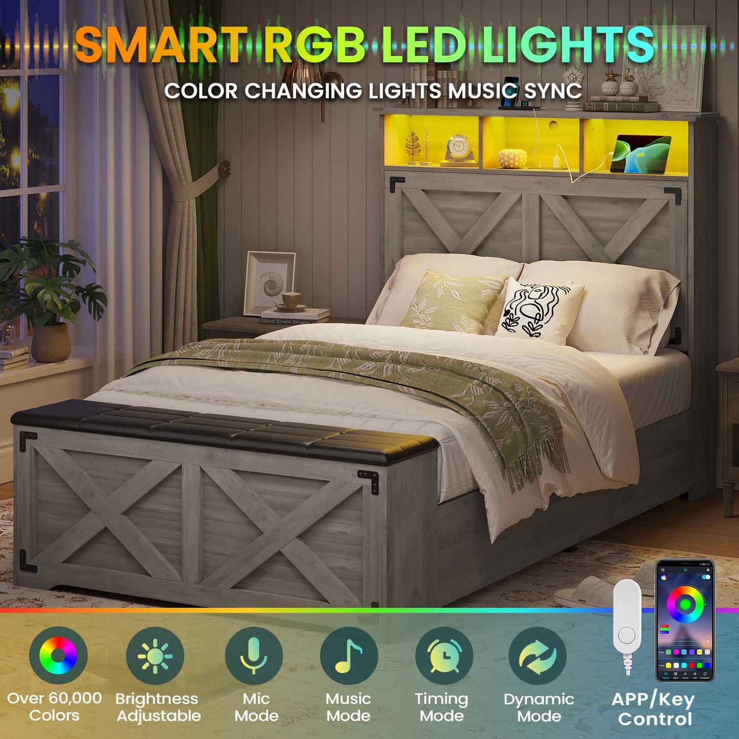 Hasuit | Farmhouse Bed Frame Twin Size with Storage Headboard Charging Station and LED Light Wooden Twin Bed Frame with Storage Ottoman