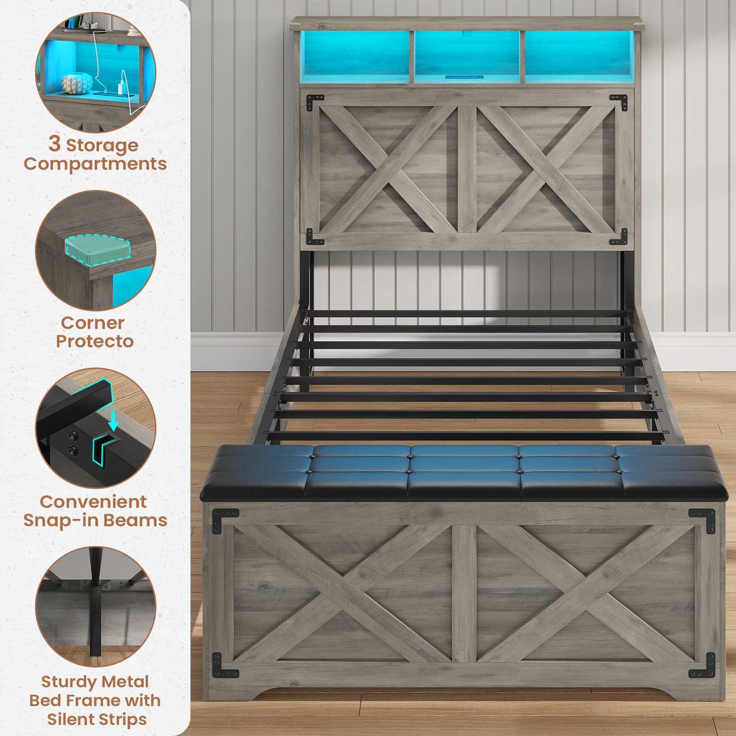Hasuit | Farmhouse Bed Frame Twin Size with Storage Headboard Charging Station and LED Light Wooden Twin Bed Frame with Storage Ottoman