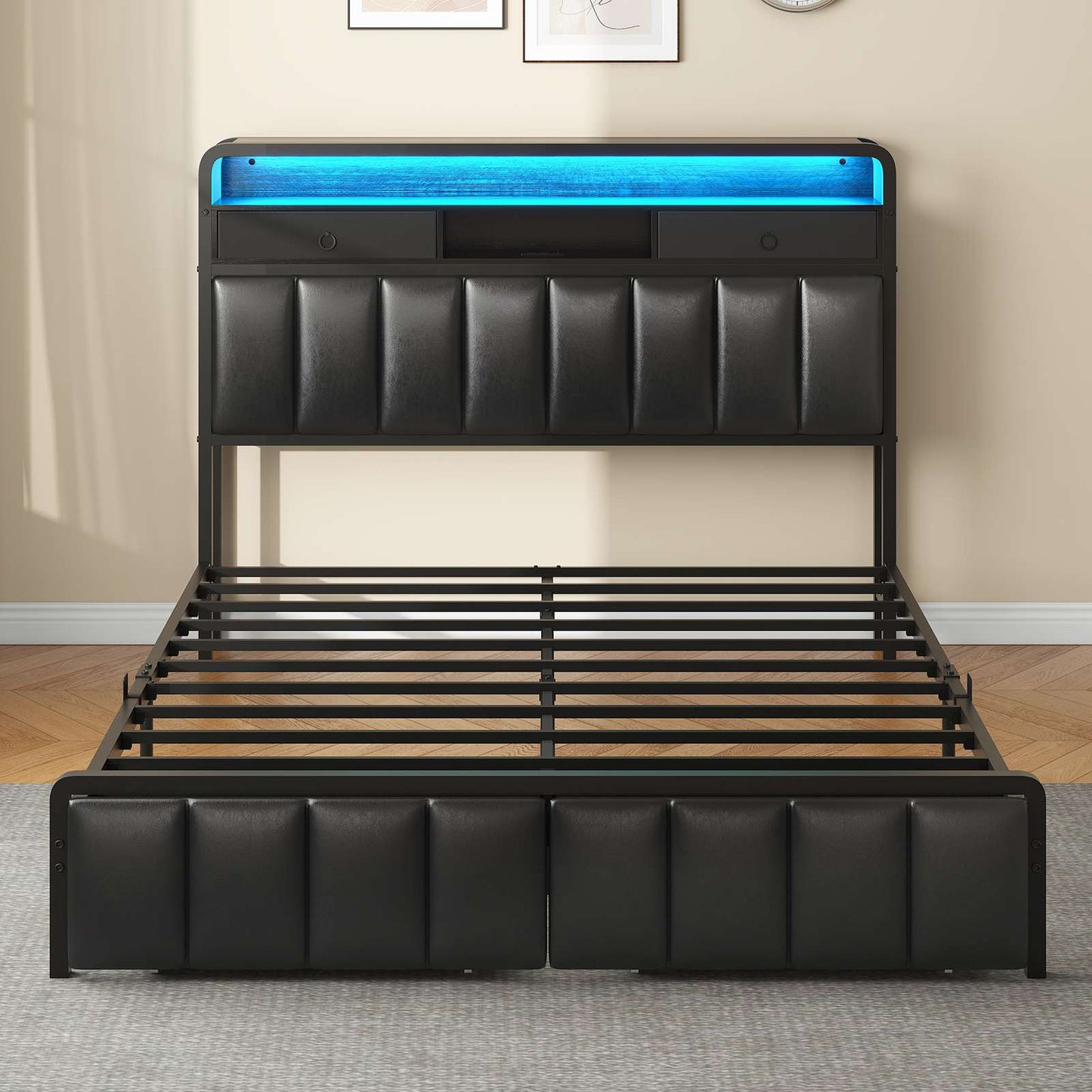 Hasuit | Bed Frame with Storage Drawers Upholstered Headboard with Hidden Storage Shelf LED Lights and Charging Station Queen King Two Sizes