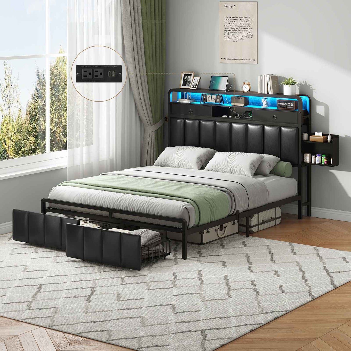 Hasuit | Bed Frame with Storage Drawers Upholstered Headboard with Hidden Storage Shelf LED Lights and Charging Station Queen King Two Sizes