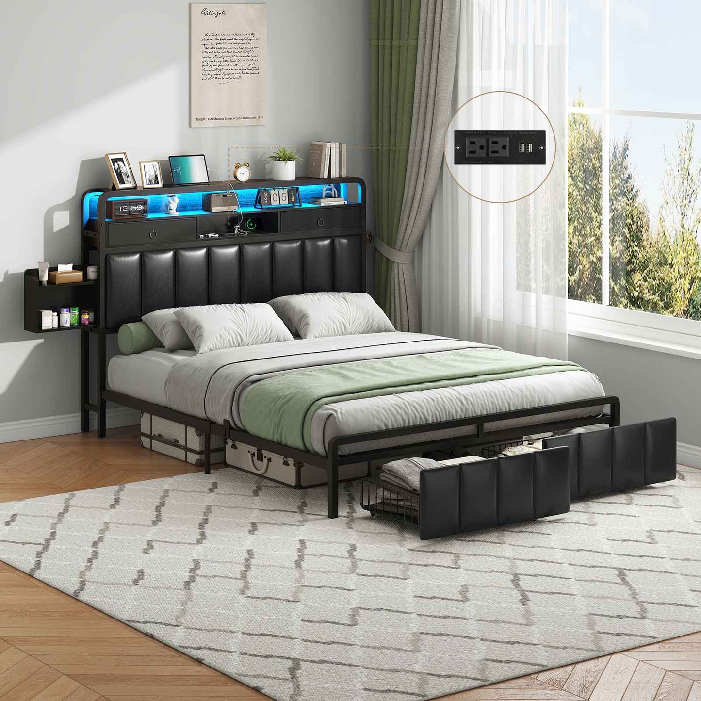Hasuit | Bed Frame with Storage Drawers Upholstered Headboard with Hidden Storage Shelf LED Lights and Charging Station Queen King Two Sizes